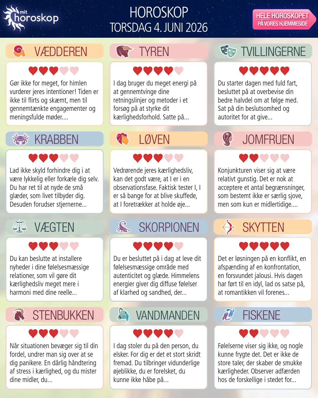 Horoskop for torsdag 4. juni 2026