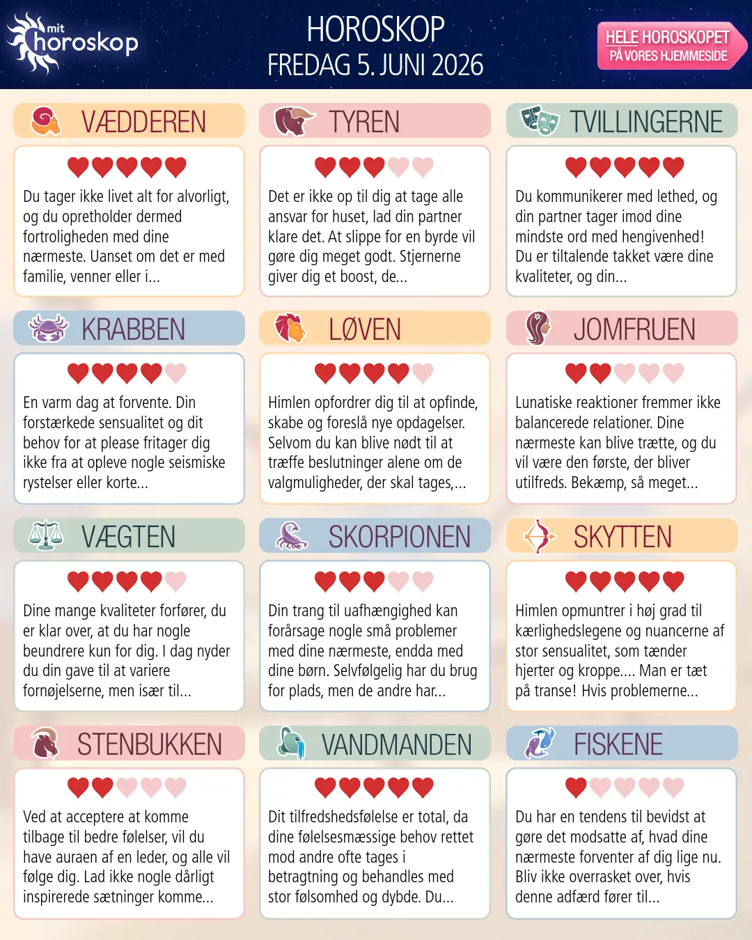 Horoskop for fredag 5. juni 2026
