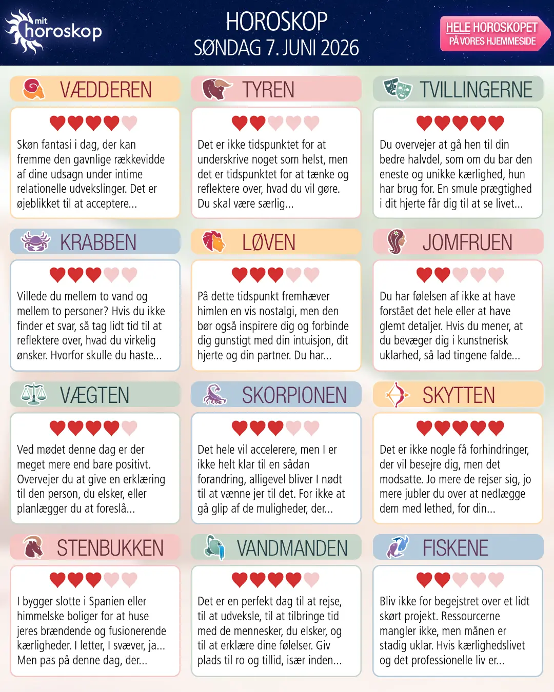 Horoskop for søndag 7. juni 2026