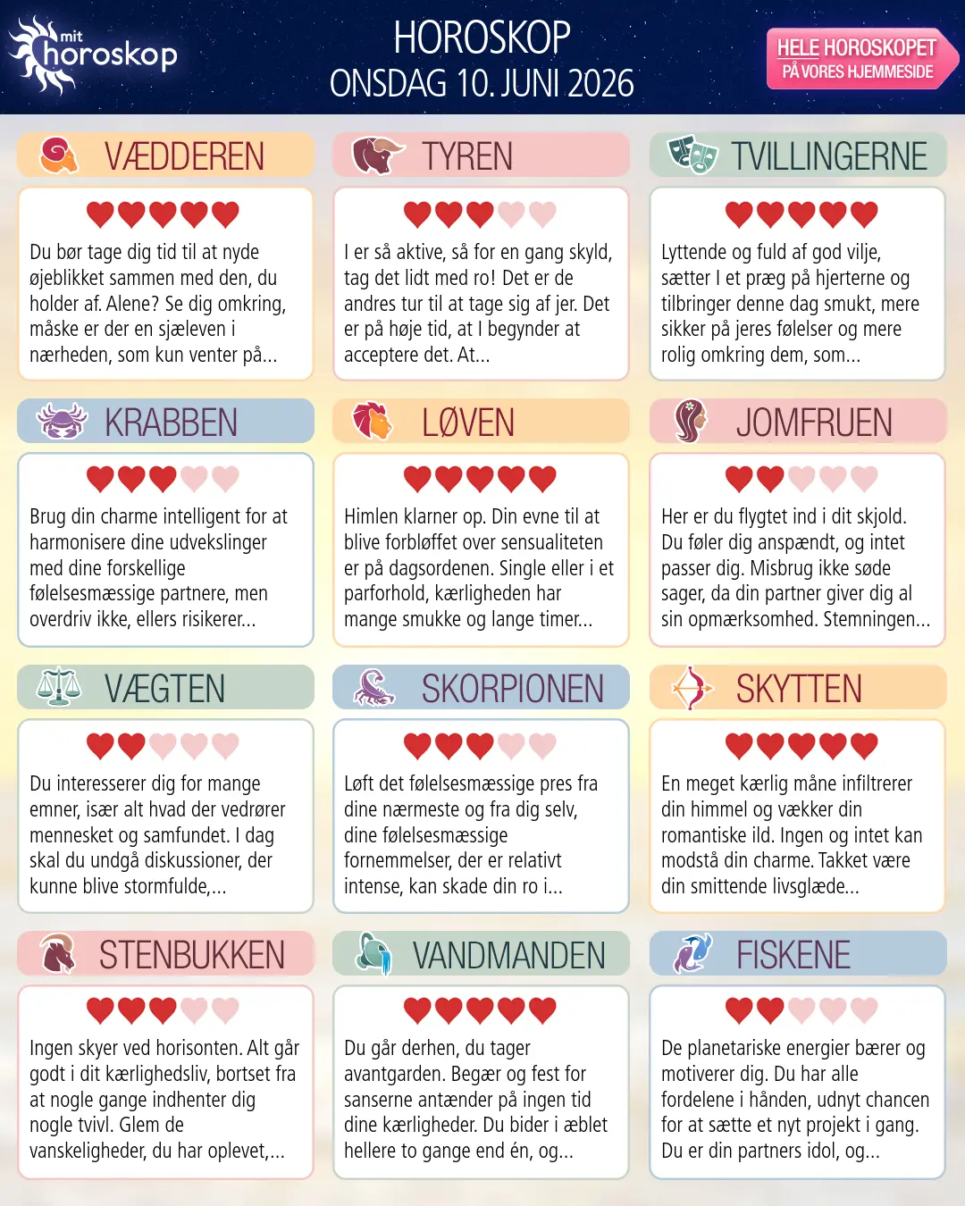 Horoskop for onsdag 10. juni 2026
