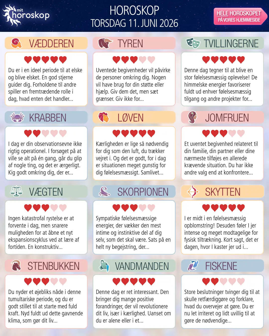 Horoskop for torsdag 11. juni 2026