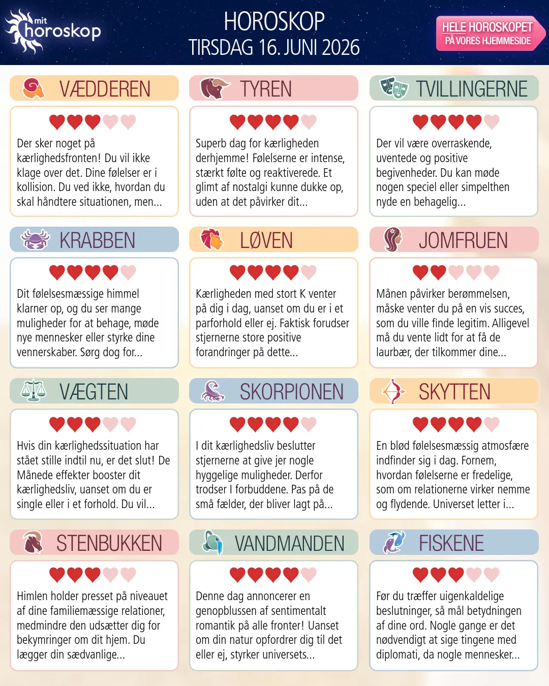 Horoskop for tirsdag 16. juni 2026