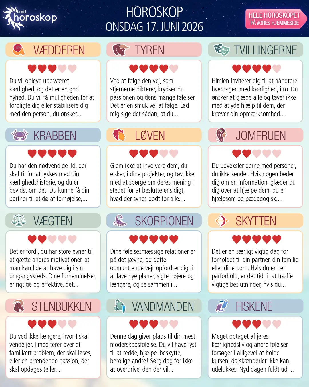 Horoskop for onsdag 17. juni 2026