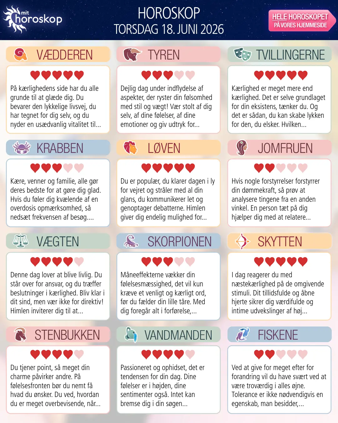 Horoskop for torsdag 18. juni 2026
