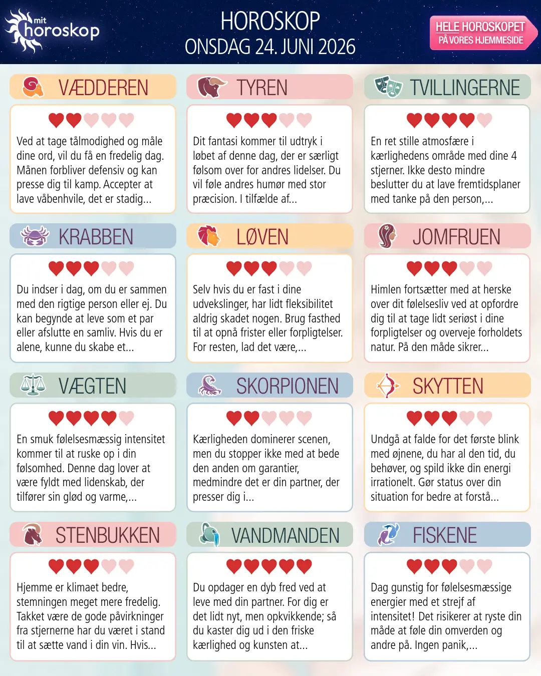Horoskop for onsdag 24. juni 2026