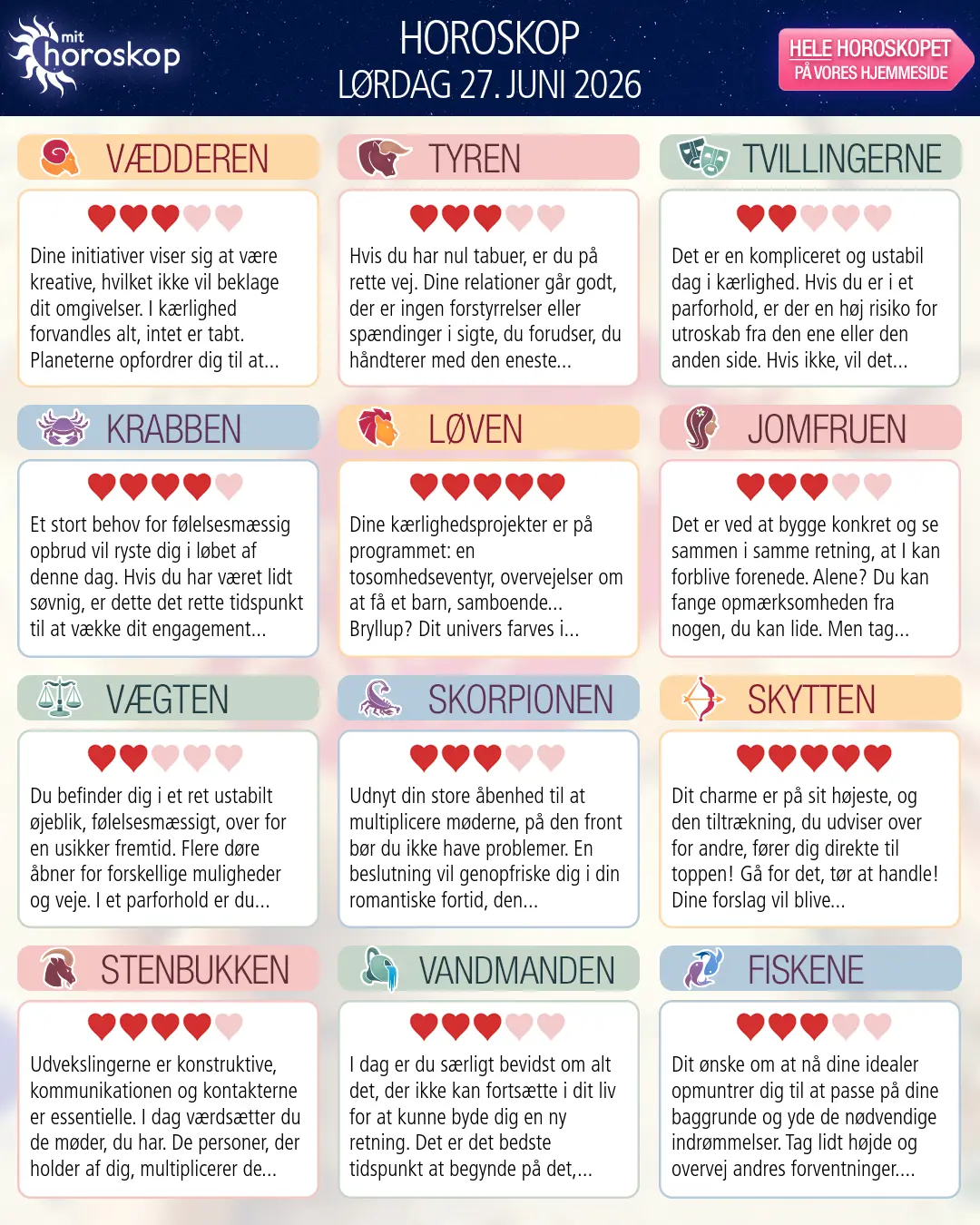 Horoskop for lørdag 27. juni 2026