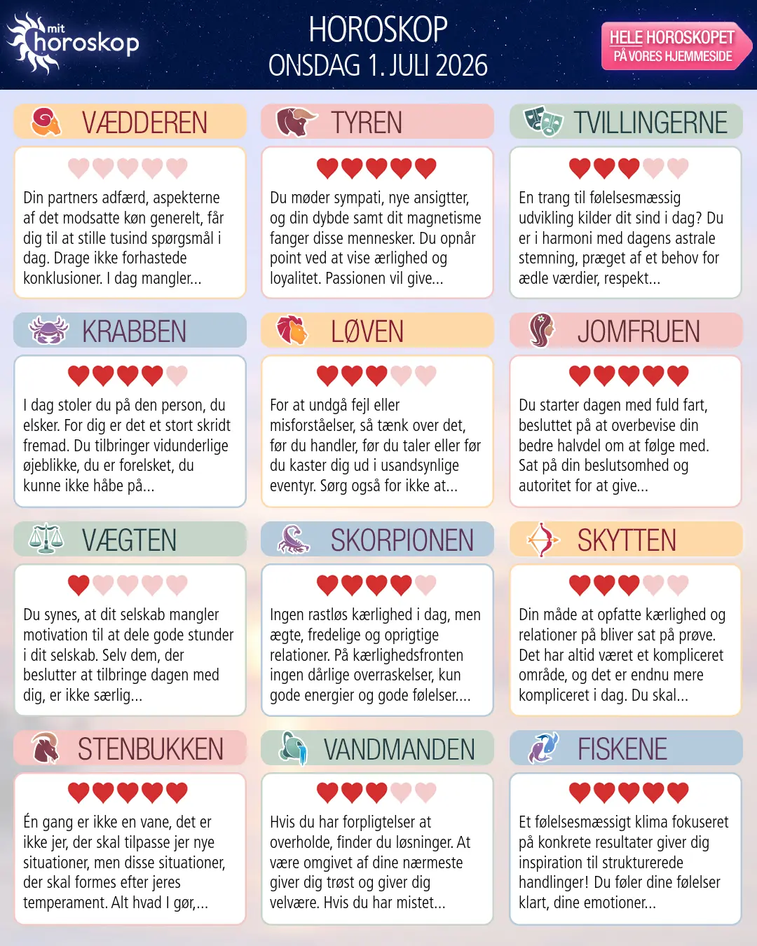 Horoskop for onsdag 1. juli 2026