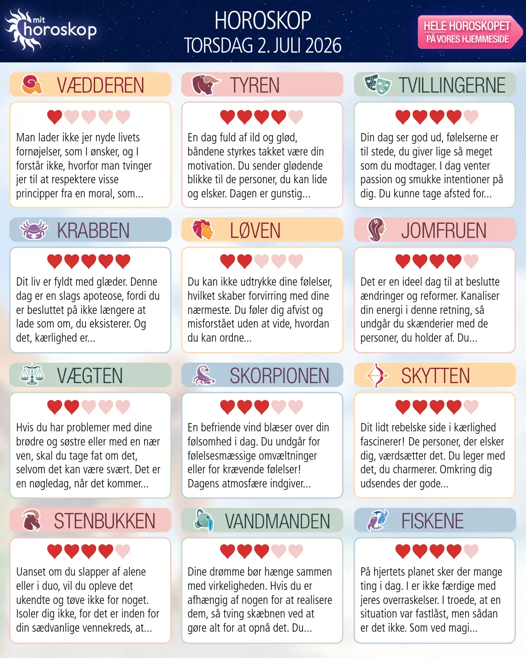 Horoskop for torsdag 2. juli 2026