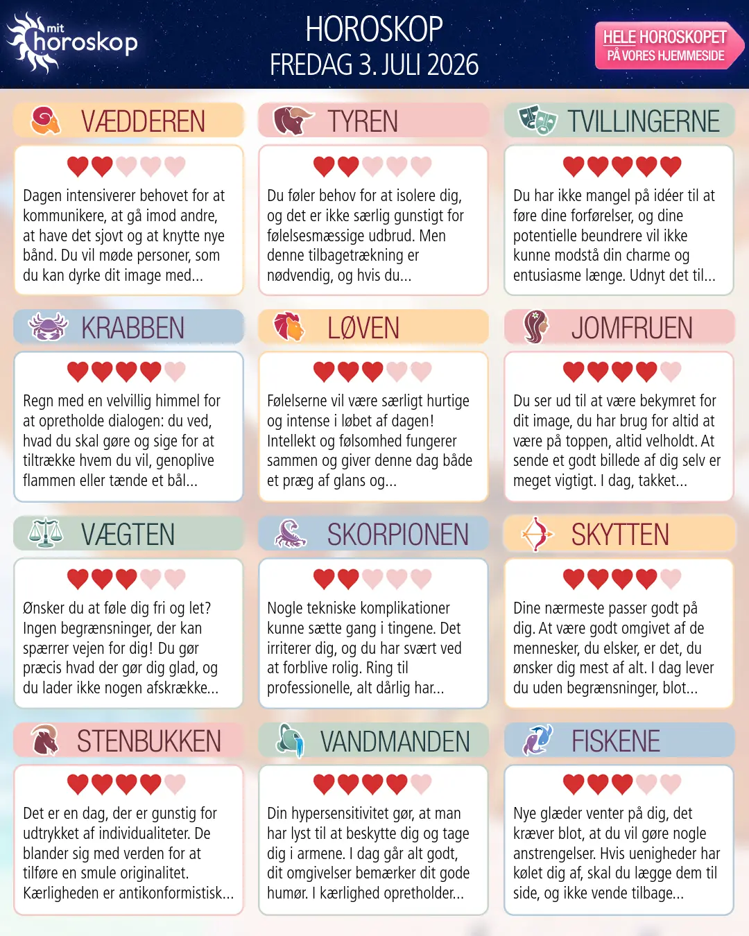 Horoskop for fredag 3. juli 2026