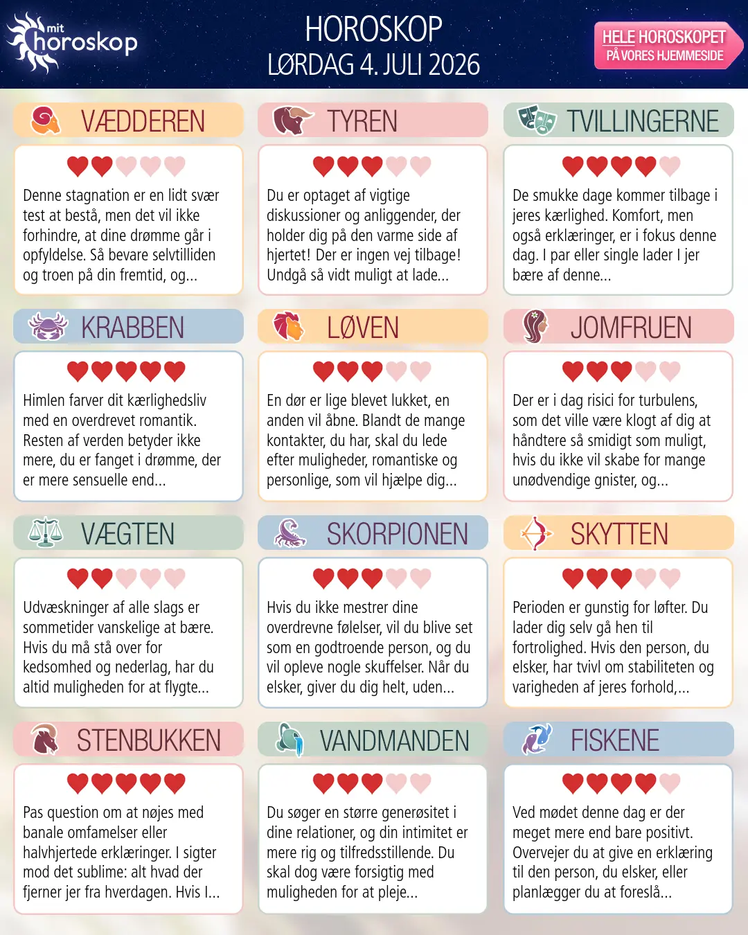 Horoskop for lørdag 4. juli 2026
