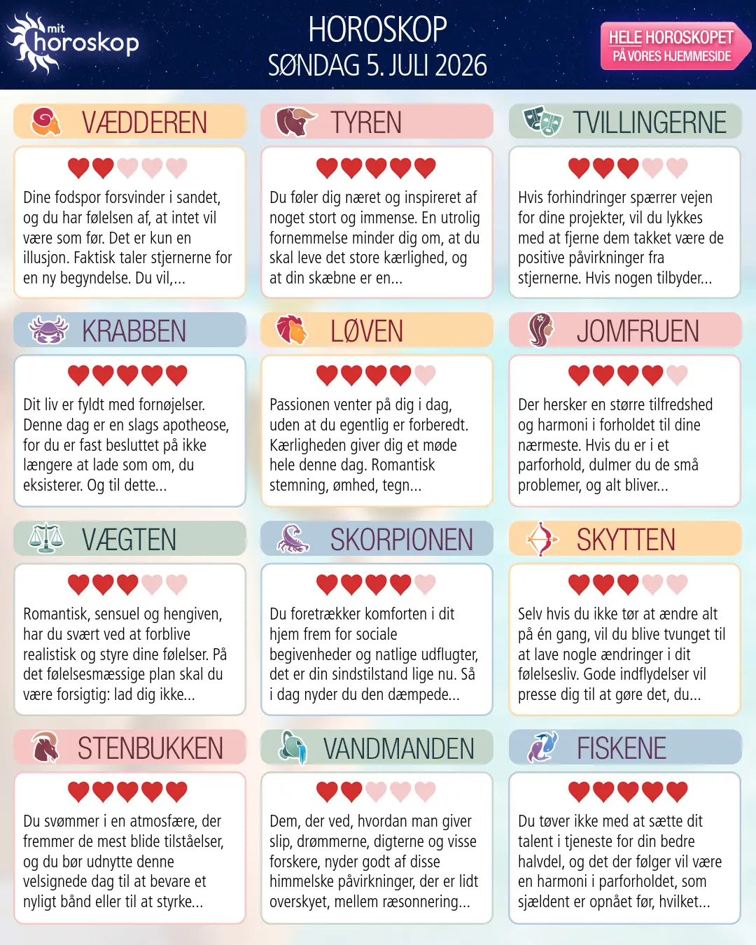 Horoskop for søndag 5. juli 2026