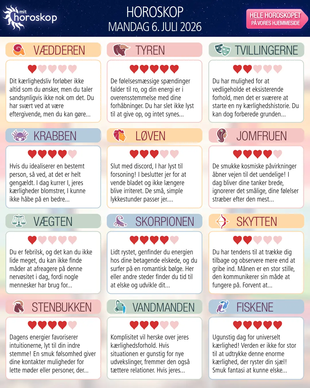Horoskop for mandag 6. juli 2026