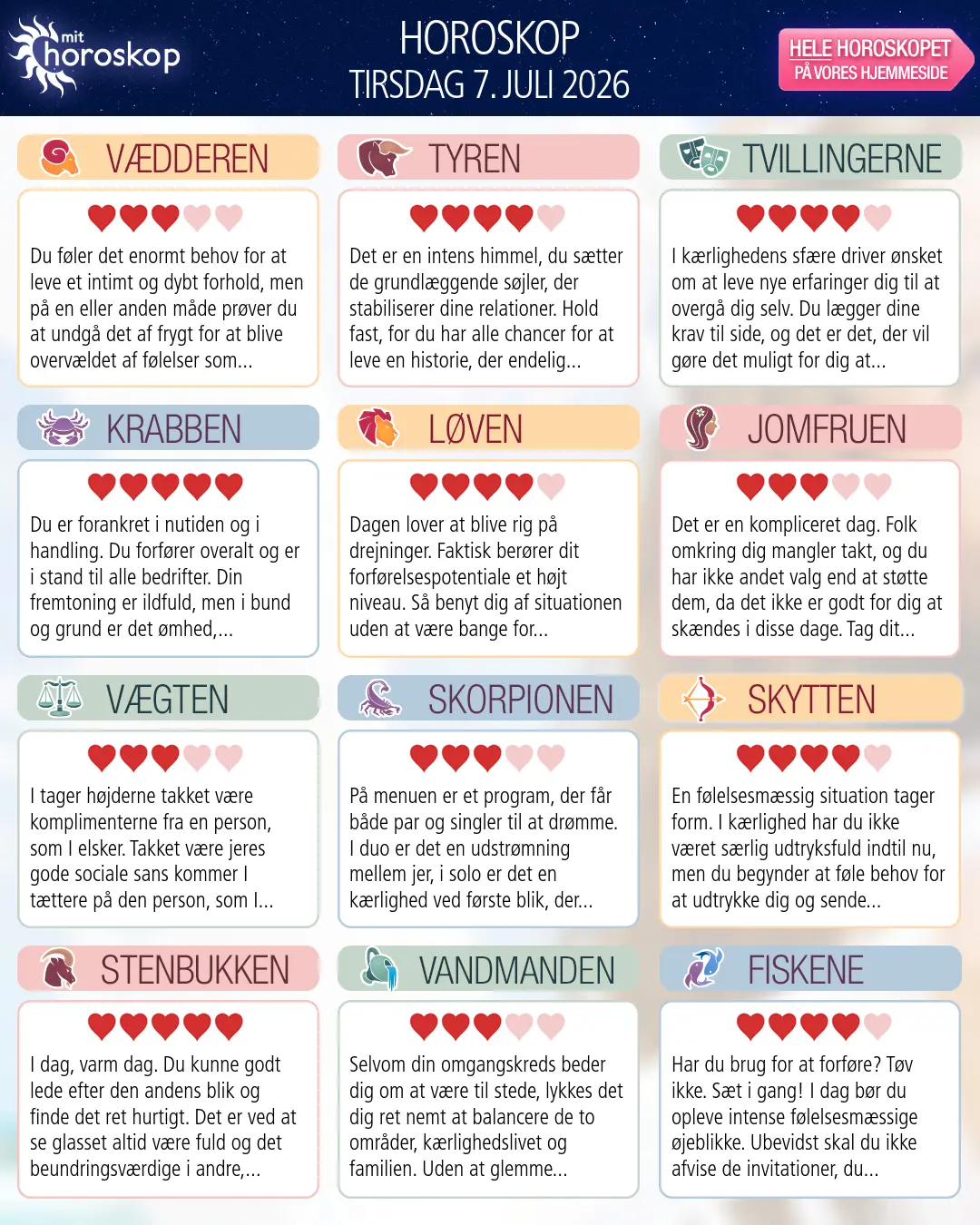 Horoskop for tirsdag 7. juli 2026
