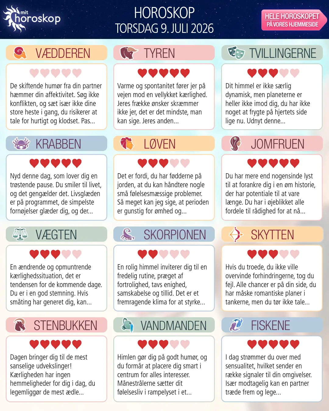 Horoskop for torsdag 9. juli 2026