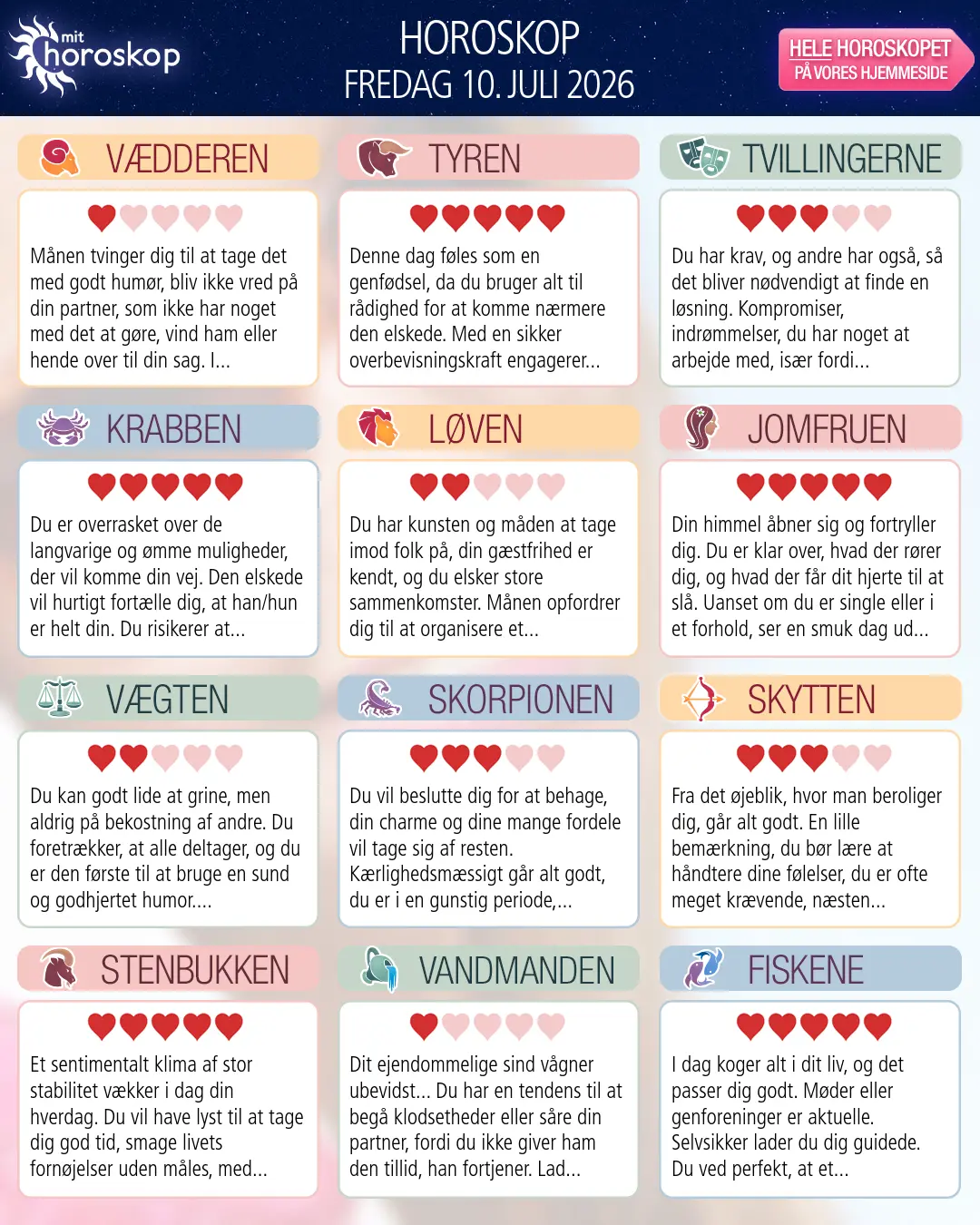 Horoskop for fredag 10. juli 2026