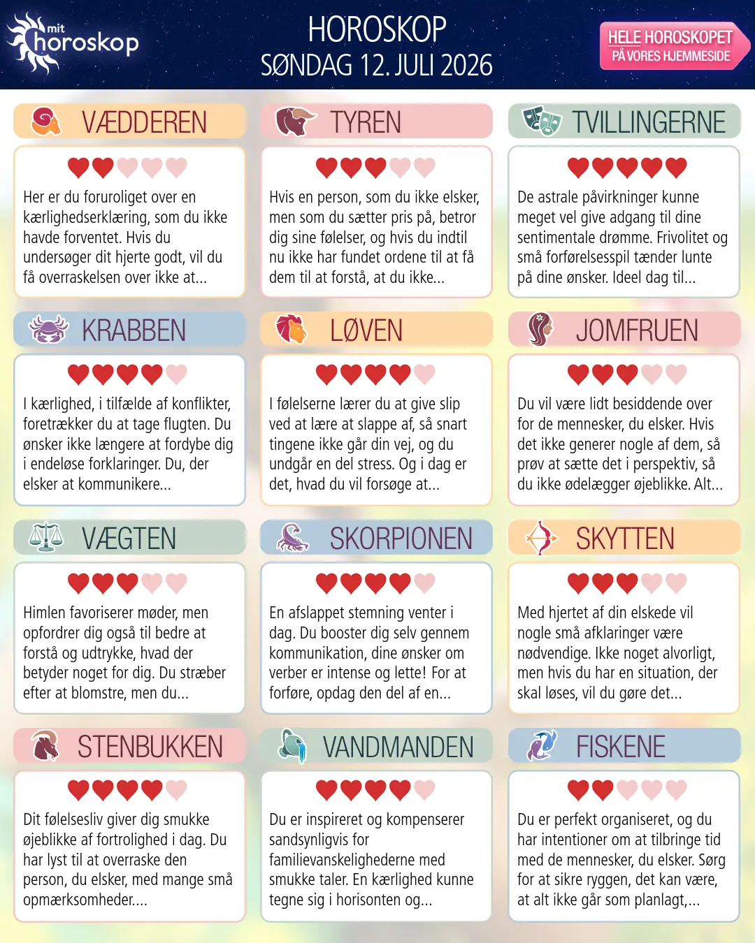 Horoskop for søndag 12. juli 2026