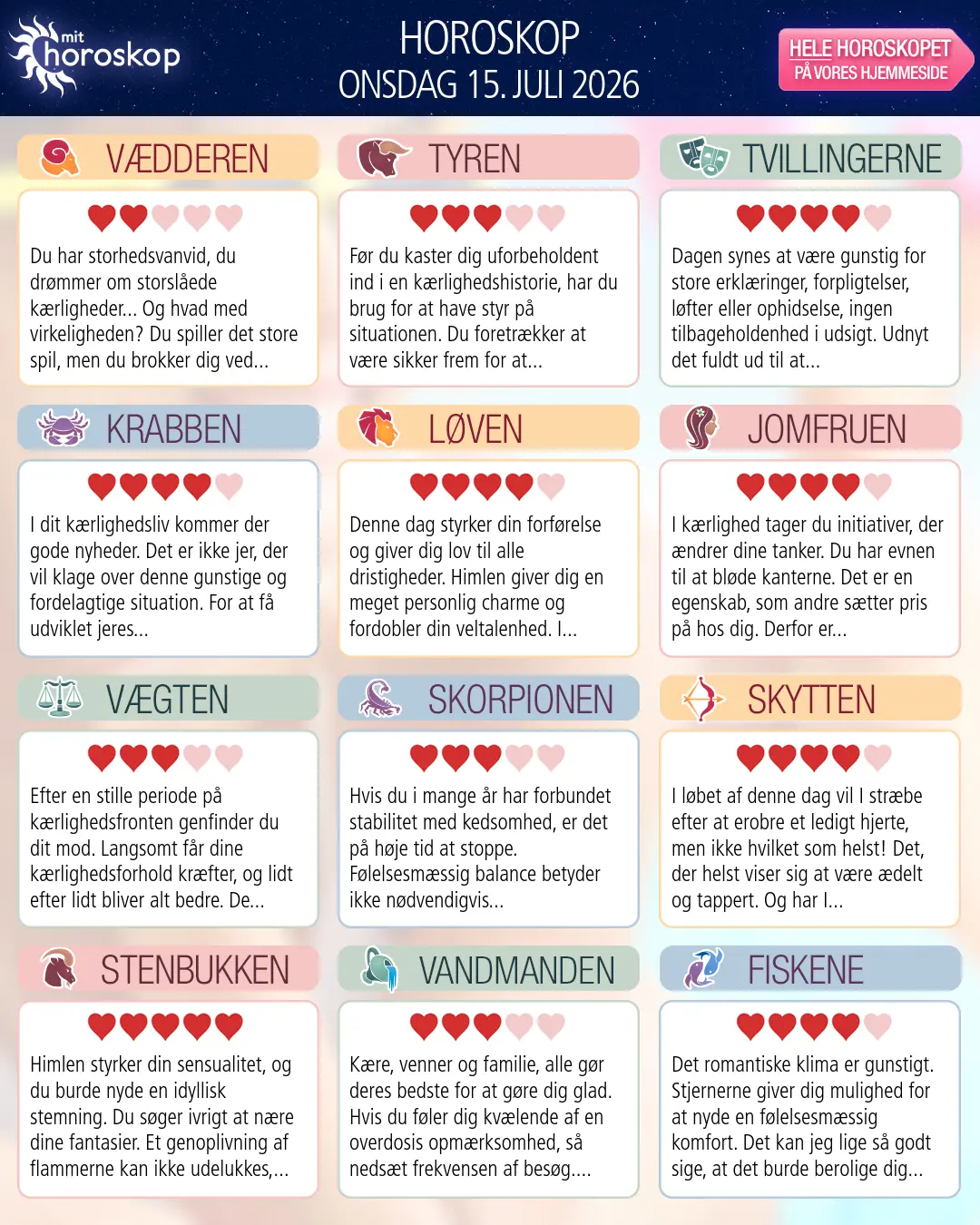 Horoskop for onsdag 15. juli 2026