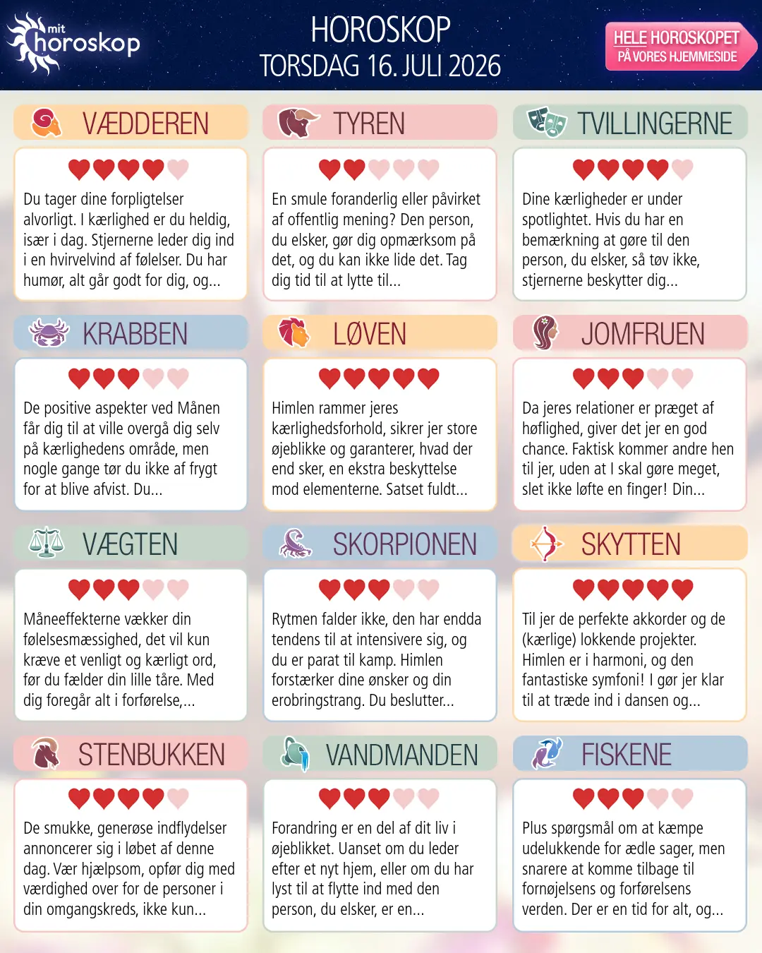 Horoskop for torsdag 16. juli 2026