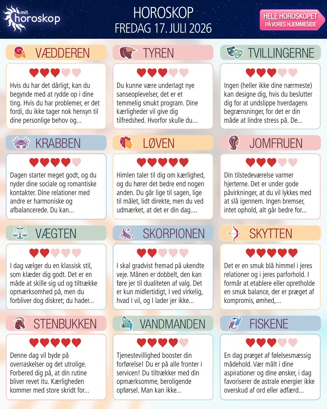 Horoskop for fredag 17. juli 2026
