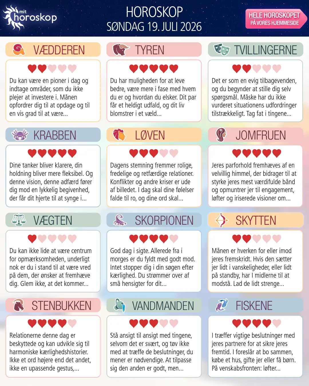 Horoskop for søndag 19. juli 2026