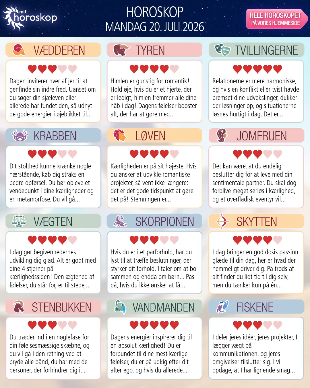 Horoskop for mandag 20. juli 2026