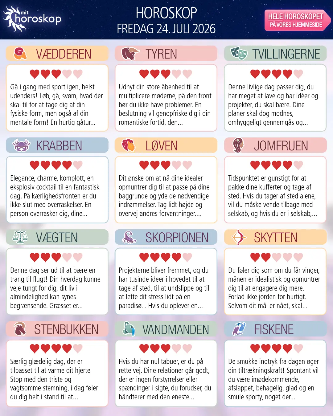 Horoskop for fredag 24. juli 2026