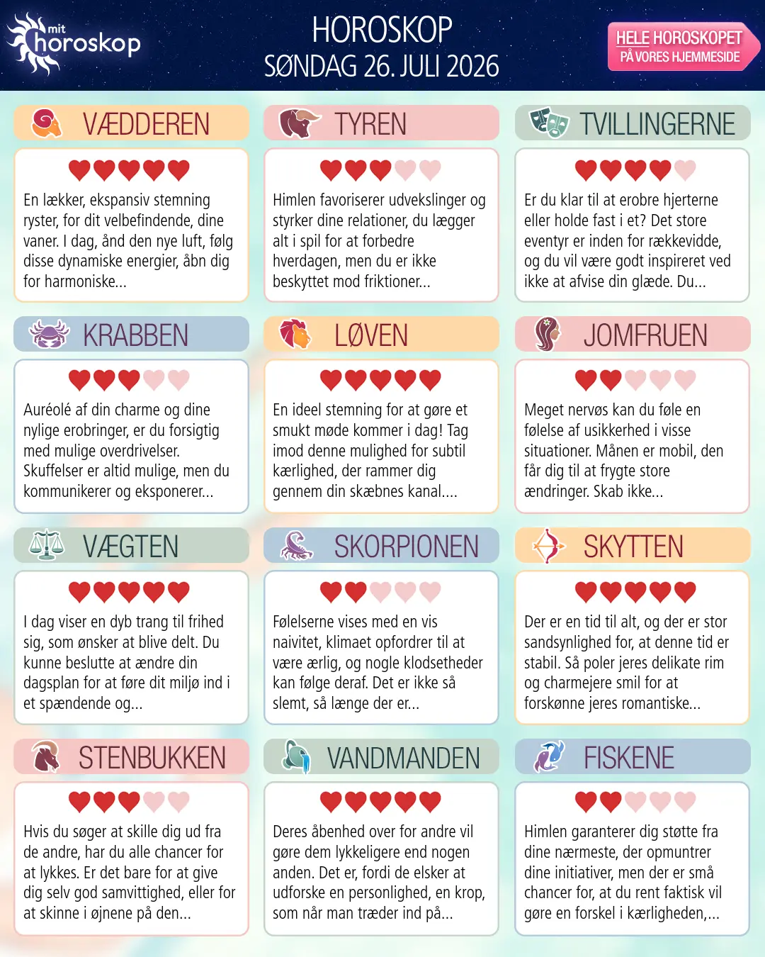 Horoskop for søndag 26. juli 2026