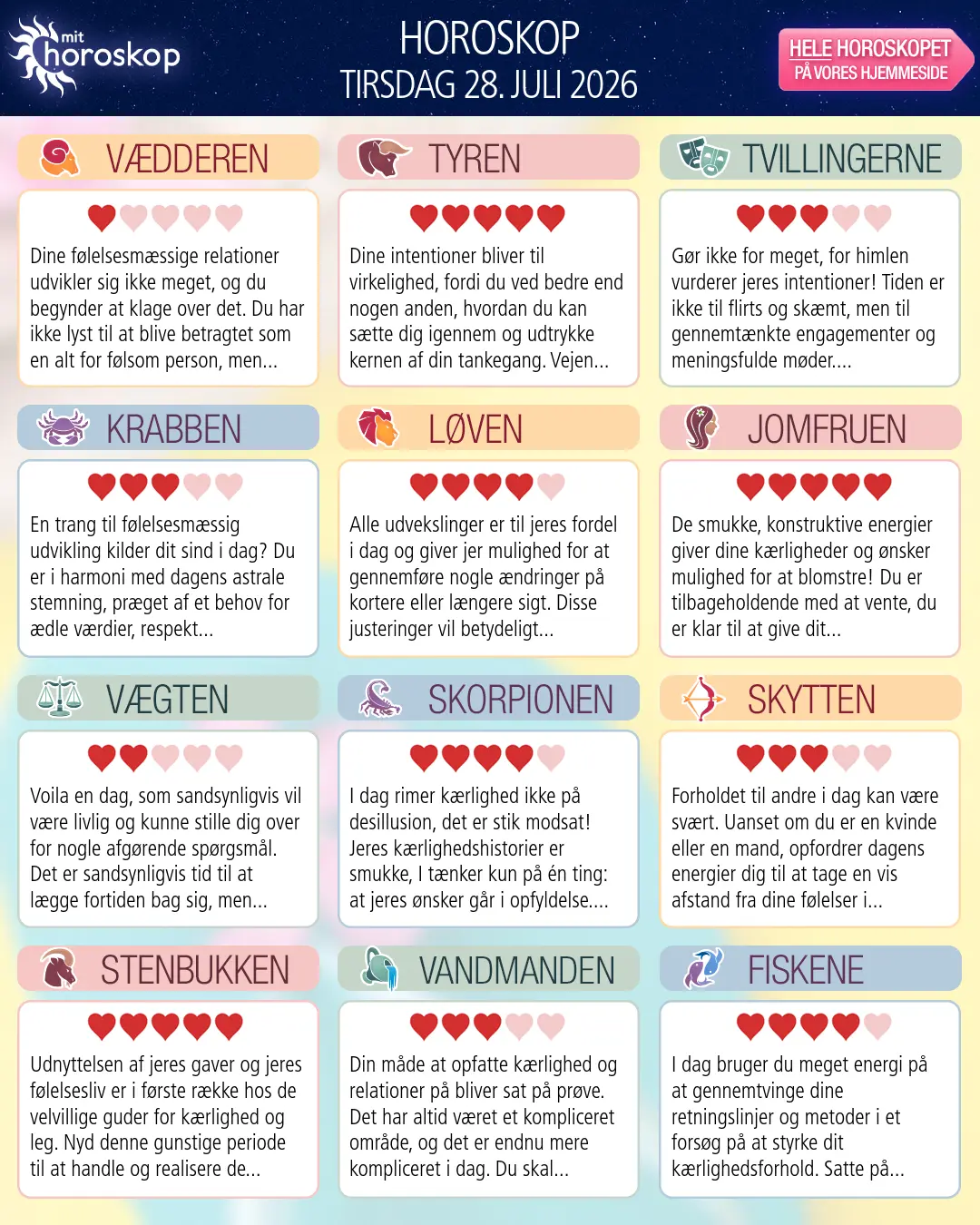 Horoskop for tirsdag 28. juli 2026