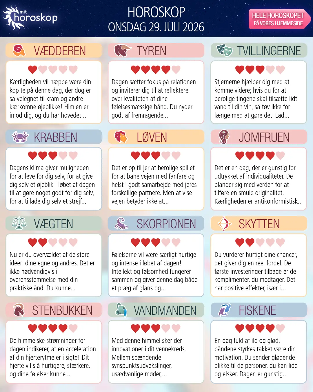 Horoskop for onsdag 29. juli 2026