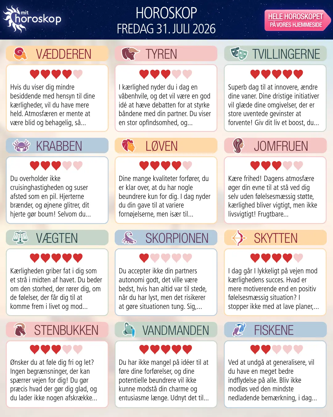 Horoskop for fredag 31. juli 2026