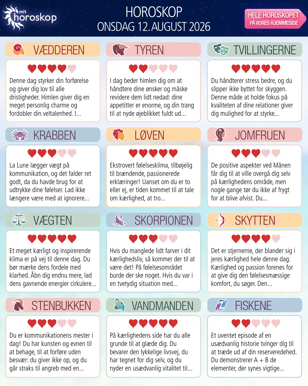 Horoskop for onsdag 12. august 2026