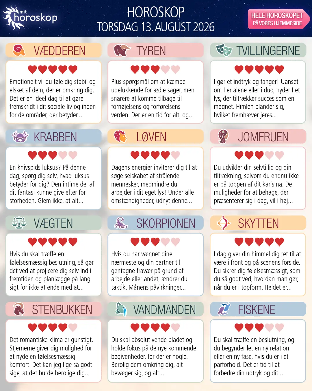 Horoskop for torsdag 13. august 2026