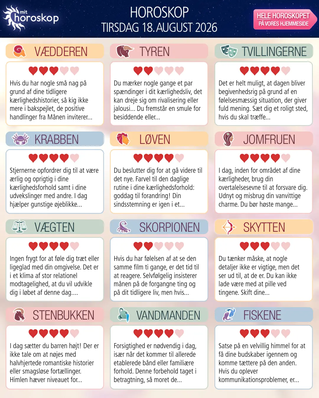 Horoskop for tirsdag 18. august 2026