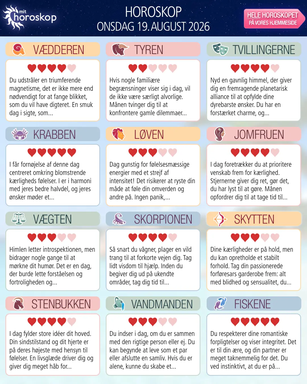 Horoskop for onsdag 19. august 2026