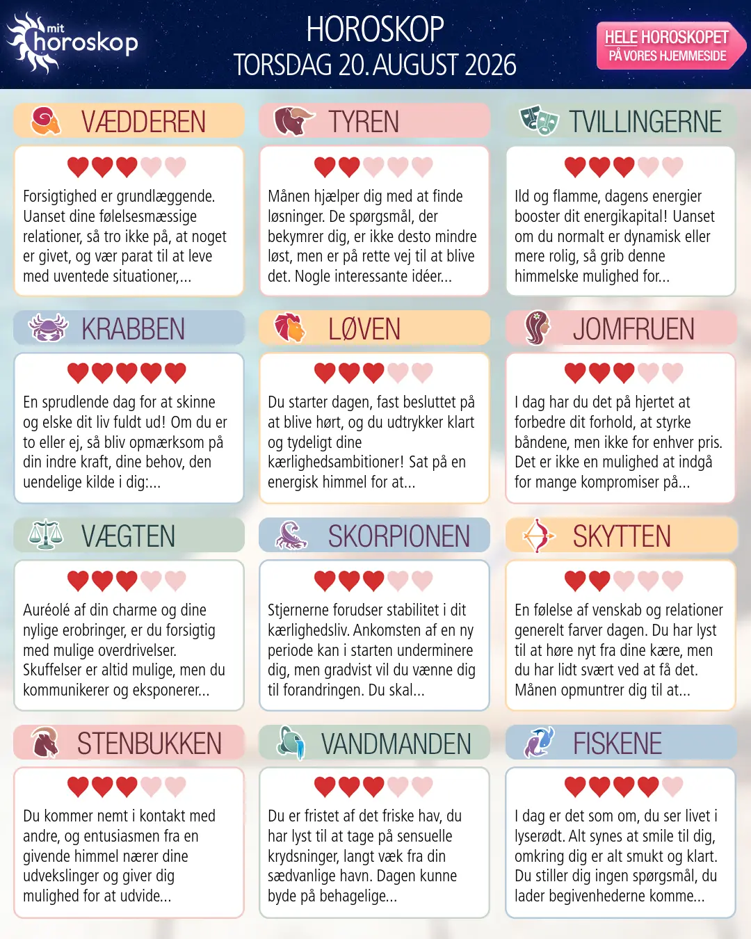 Horoskop for torsdag 20. august 2026