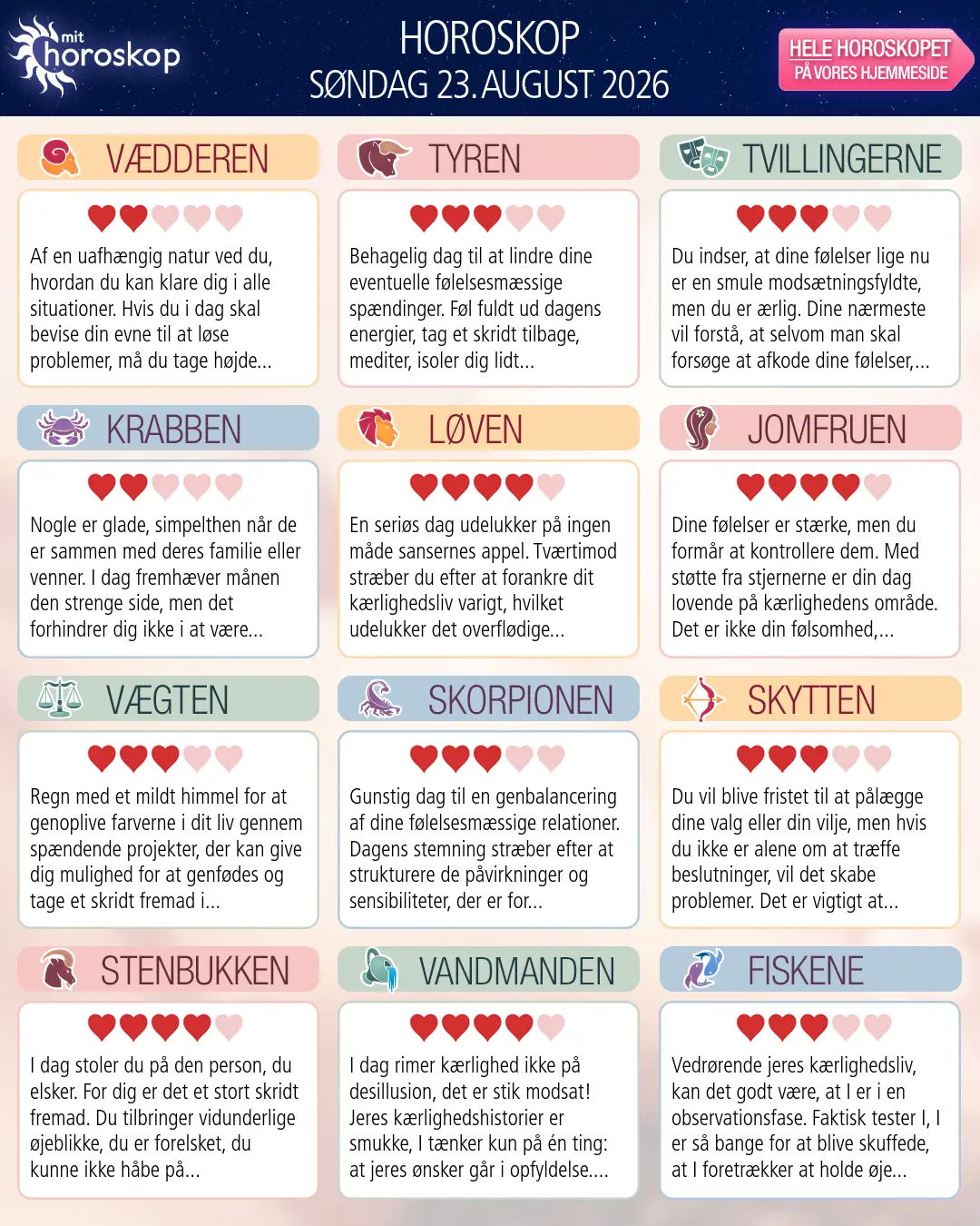 Horoskop for søndag 23. august 2026