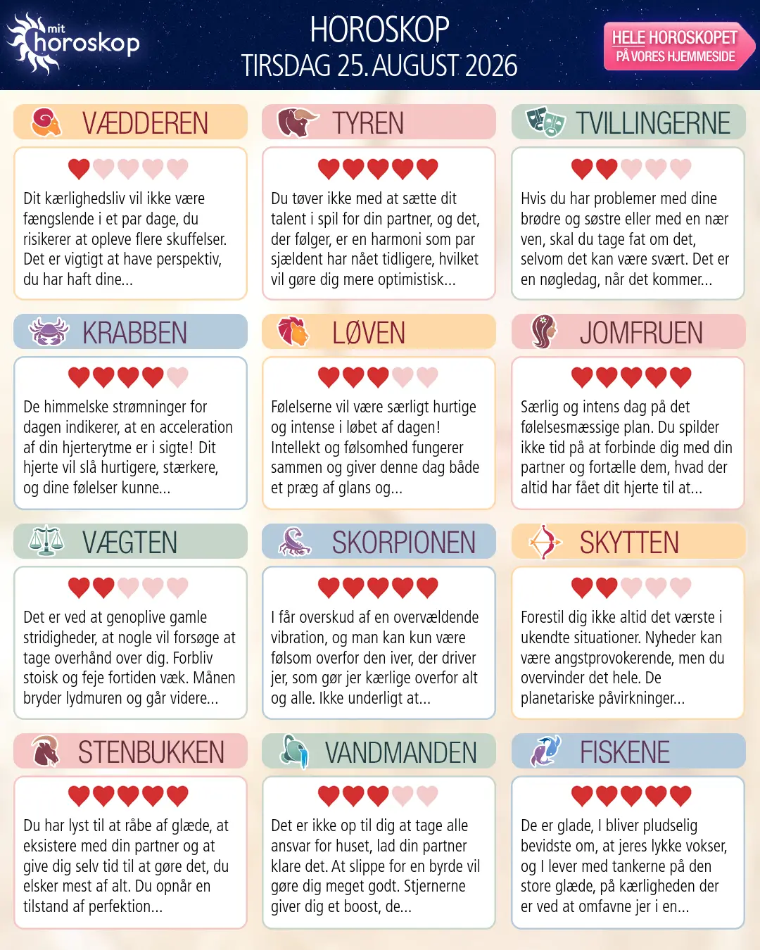 Horoskop for tirsdag 25. august 2026