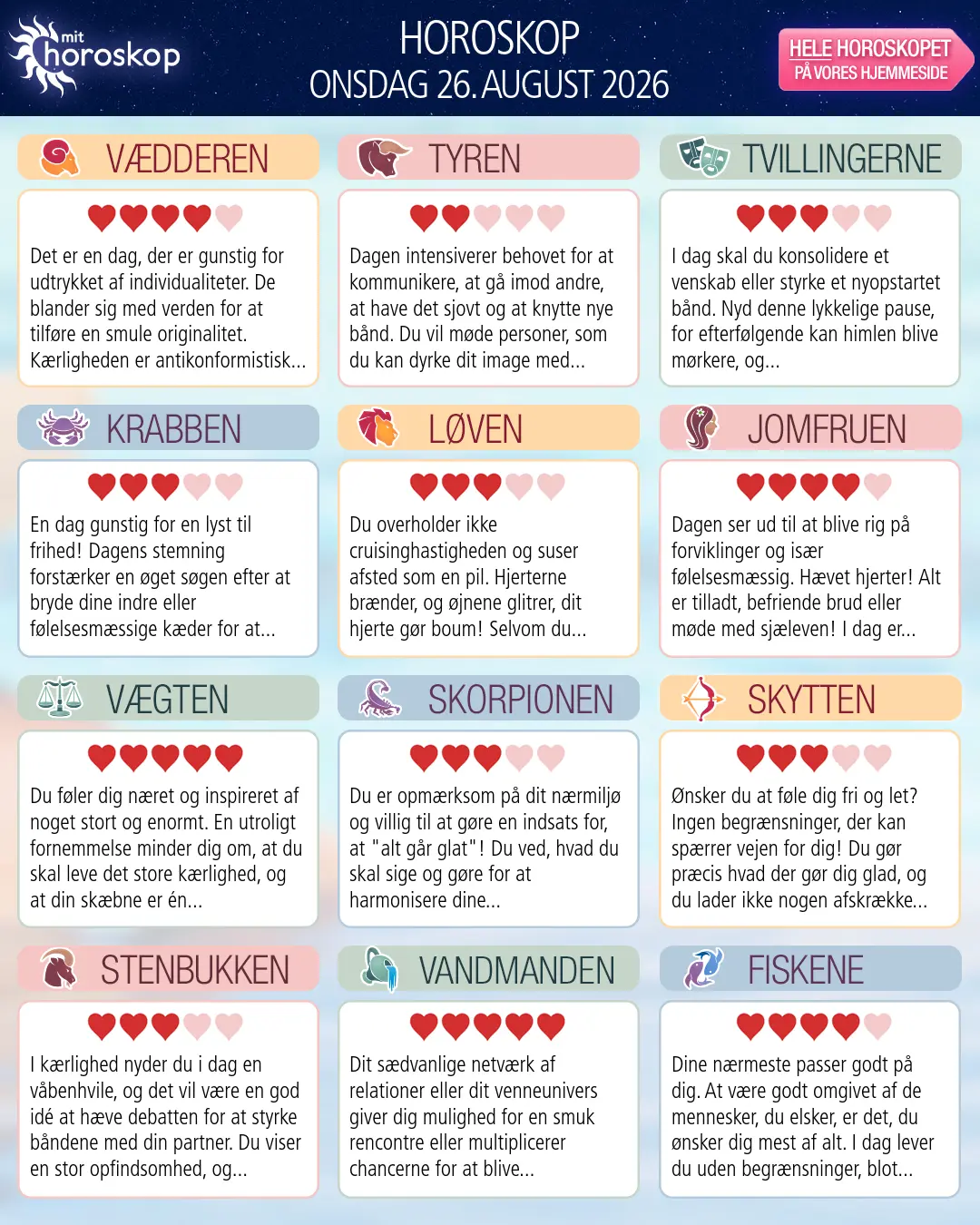 Horoskop for onsdag 26. august 2026