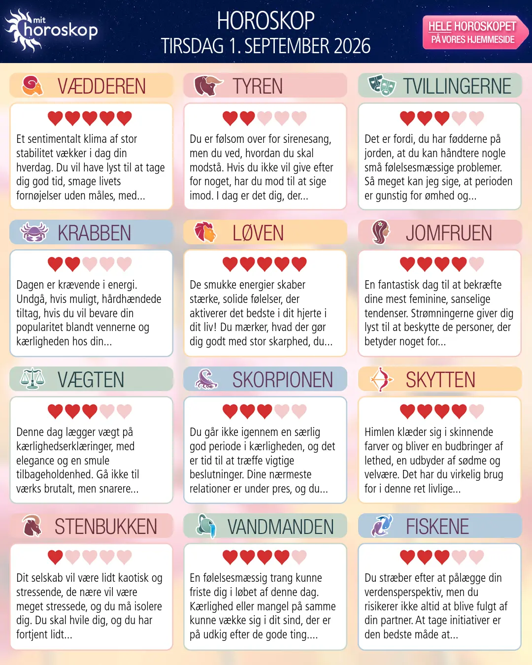 Horoskop for tirsdag 1. september 2026