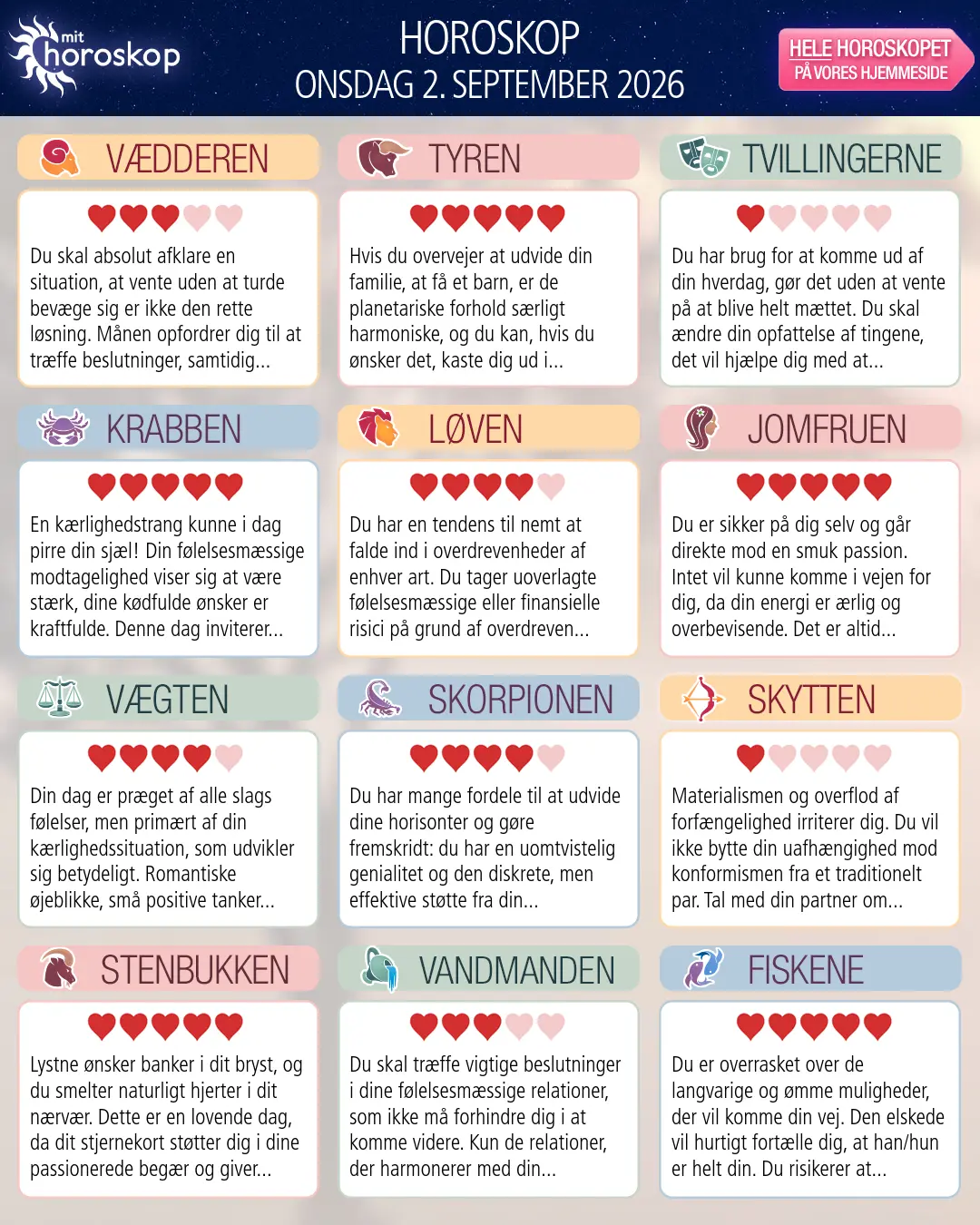 Horoskop for onsdag 2. september 2026