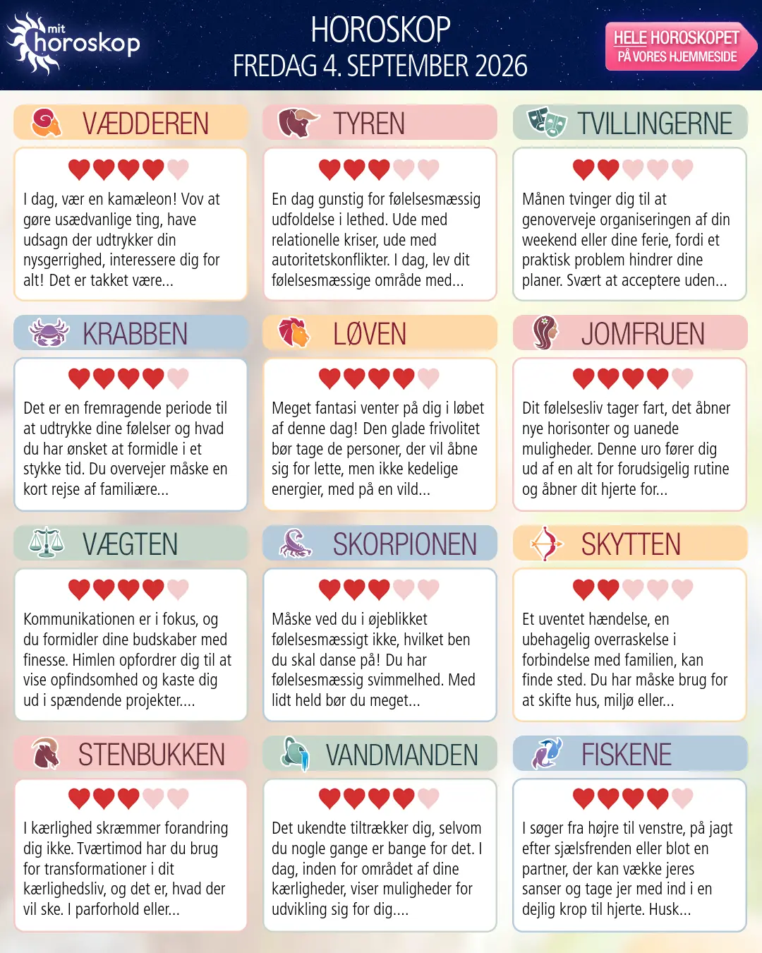 Horoskop for fredag 4. september 2026