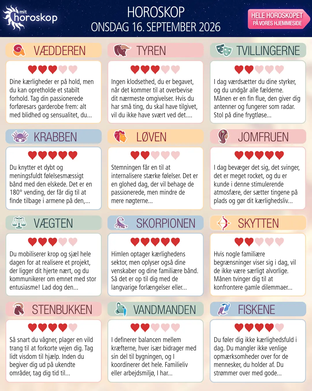 Horoskop for onsdag 16. september 2026