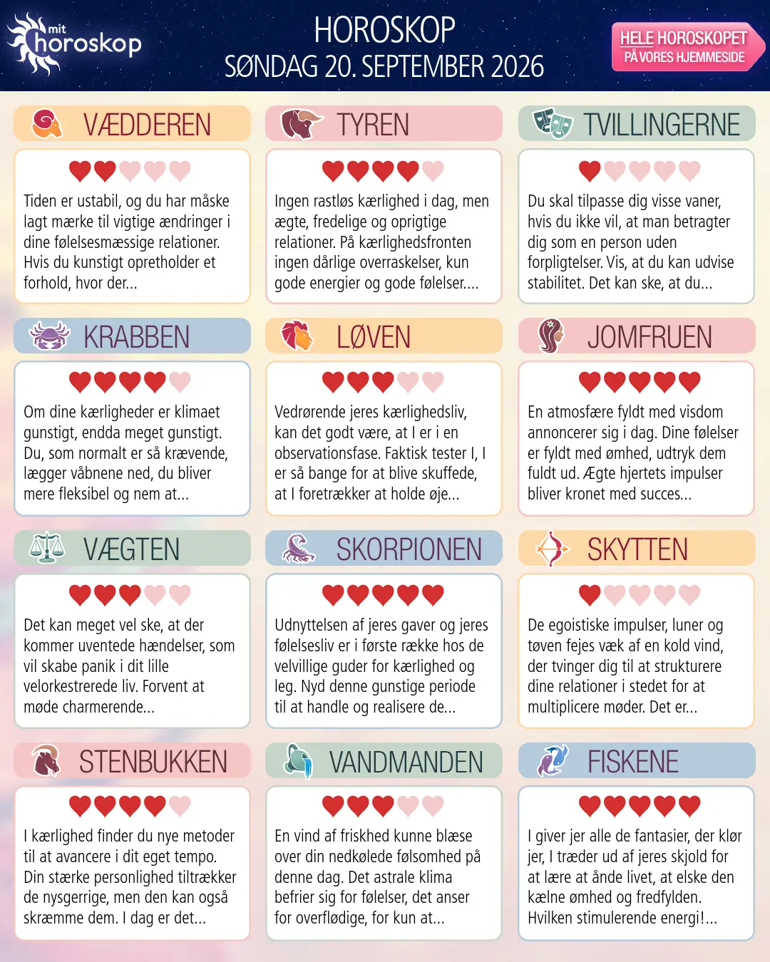 Horoskop for søndag 20. september 2026