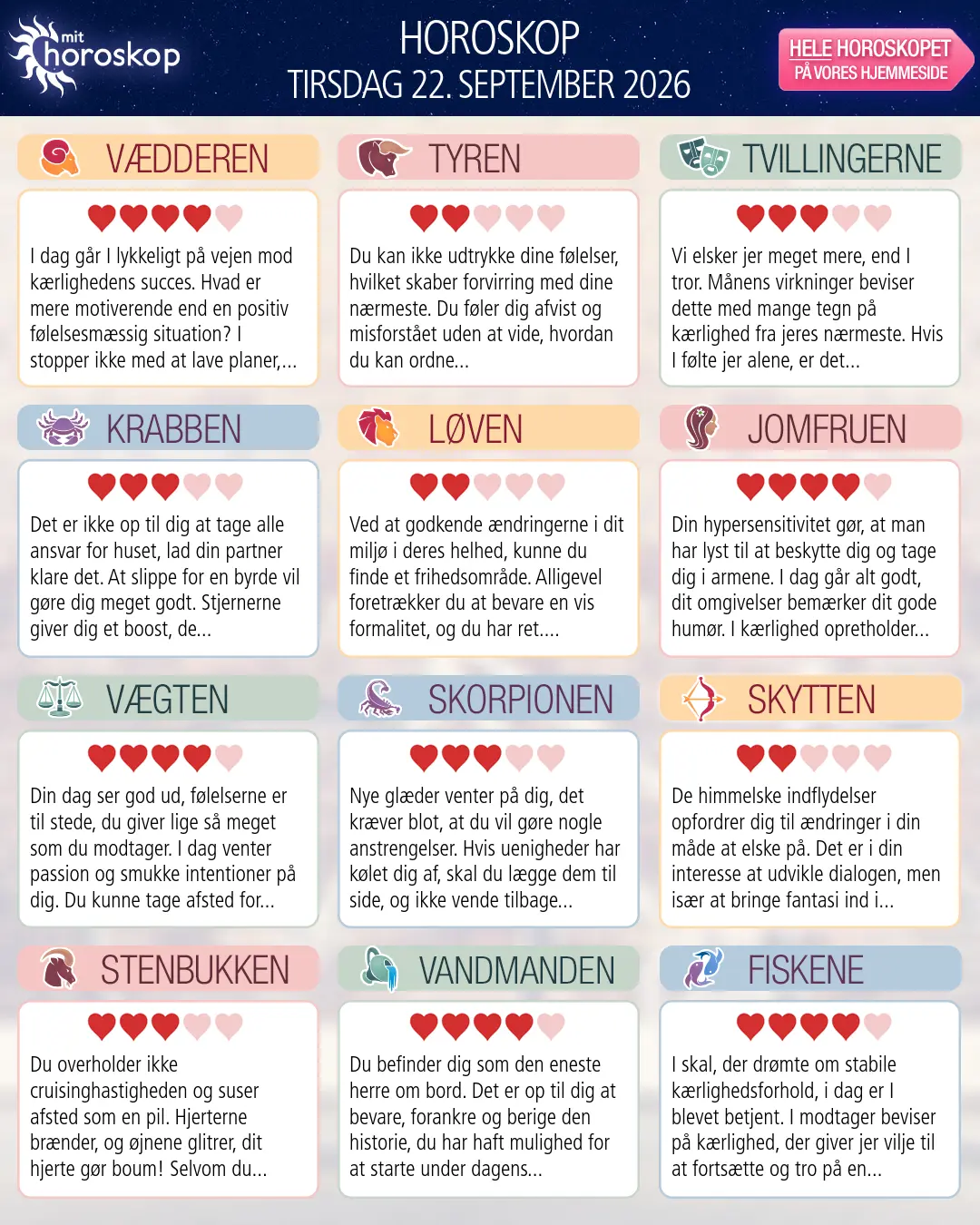 Horoskop for tirsdag 22. september 2026