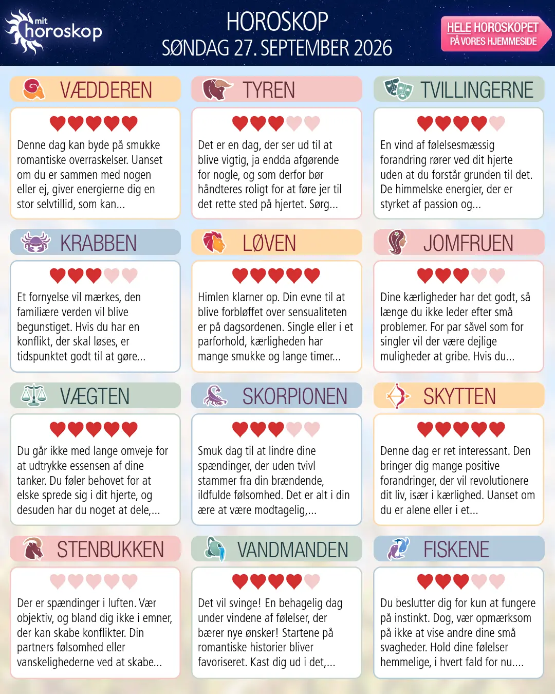 Horoskop for søndag 27. september 2026