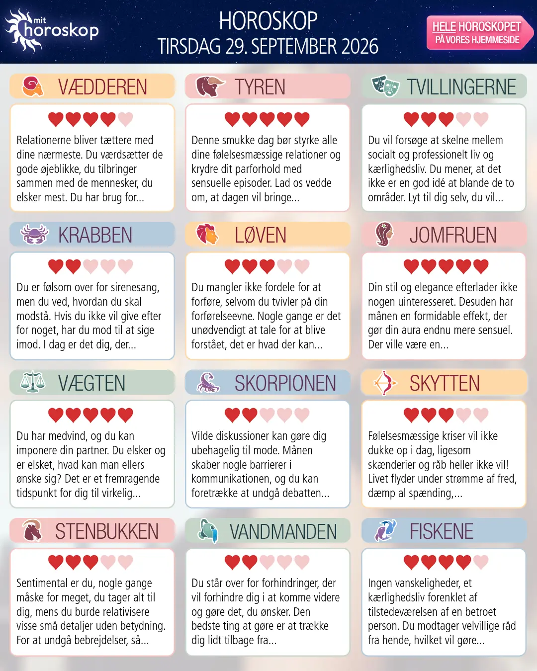 Horoskop for tirsdag 29. september 2026