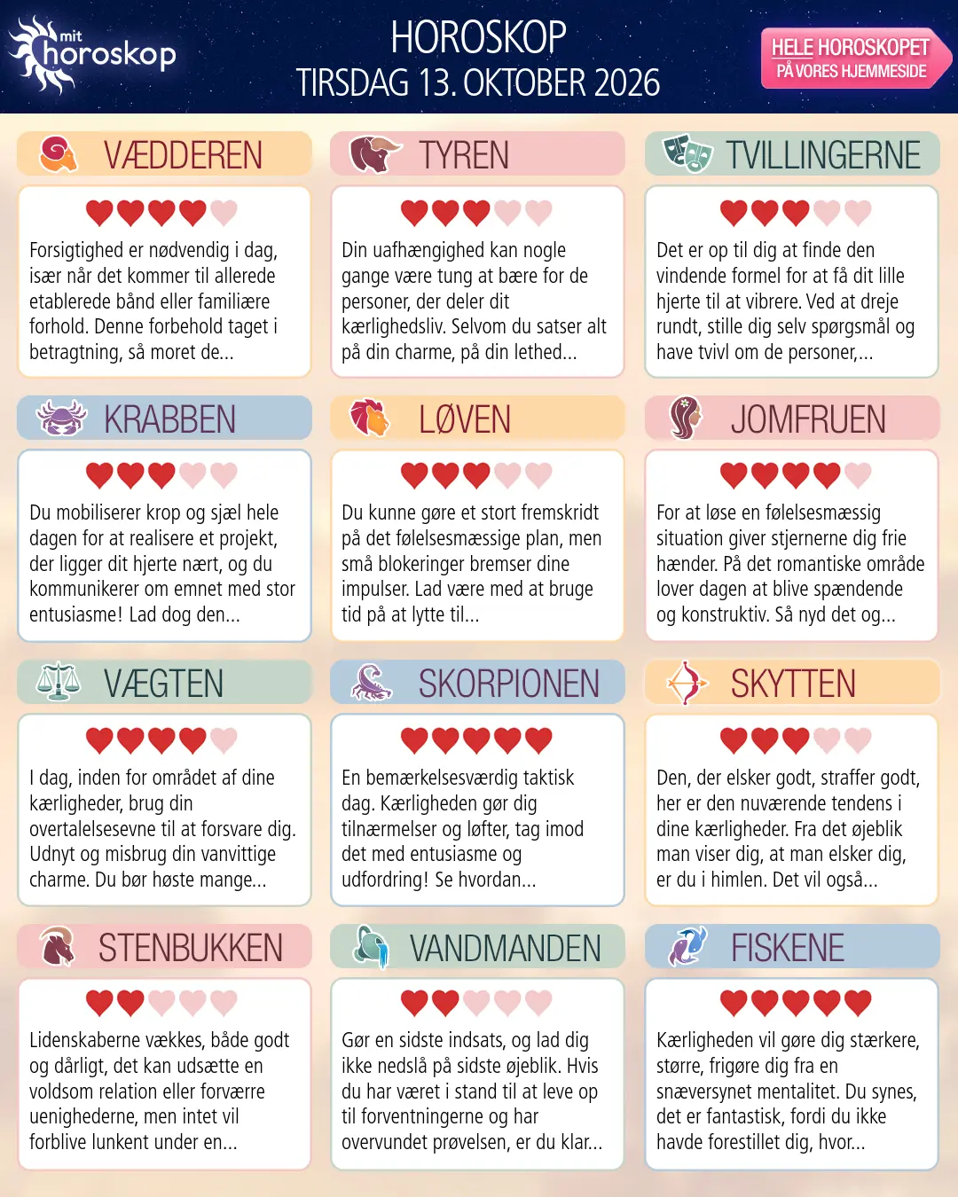Horoskop for tirsdag 13. oktober 2026
