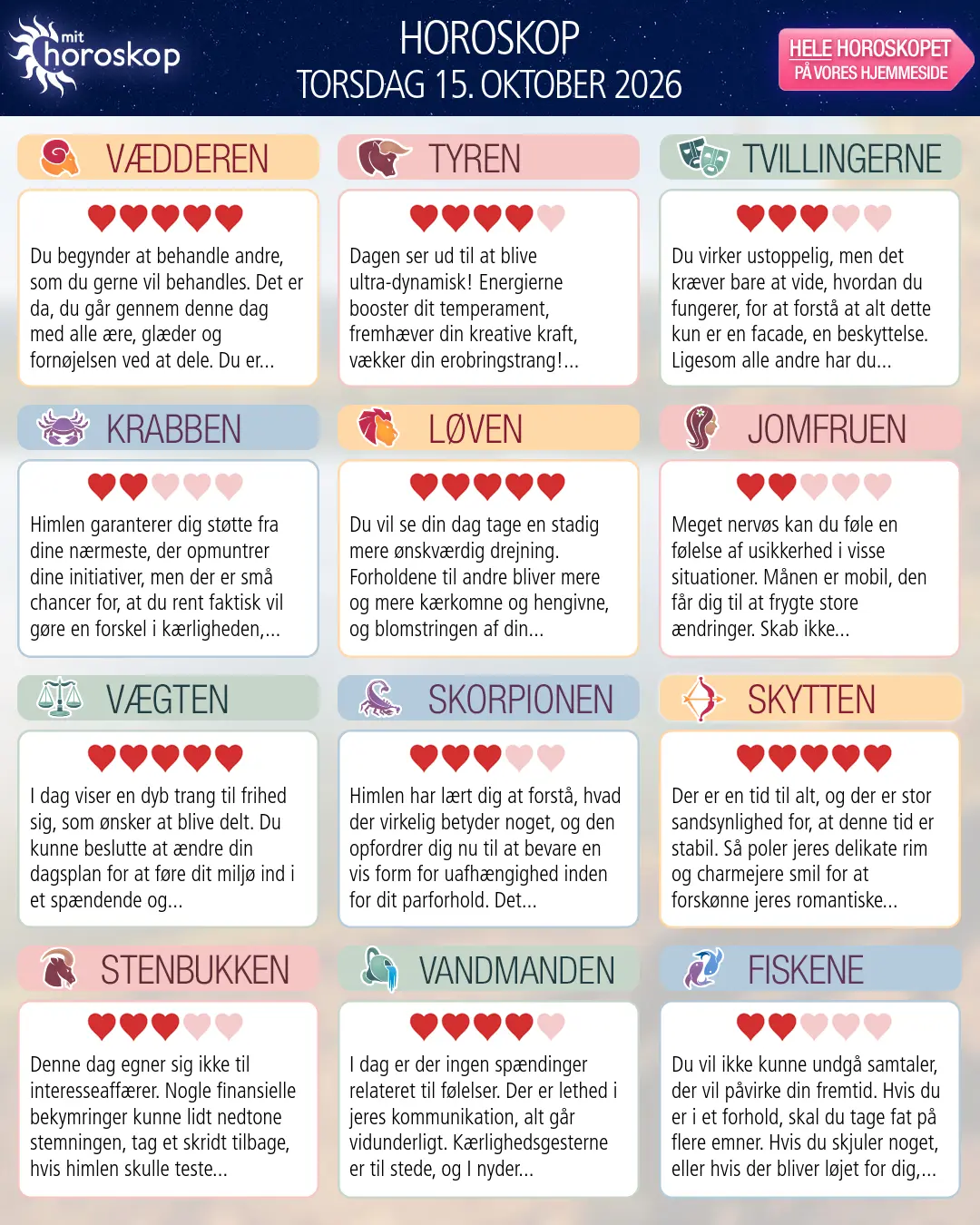 Horoskop for torsdag 15. oktober 2026