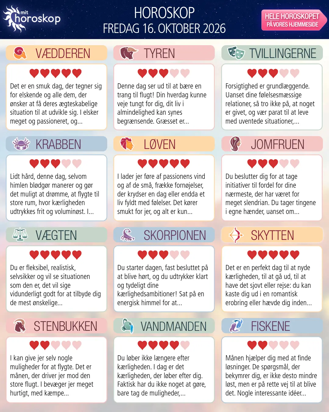 Horoskop for fredag 16. oktober 2026