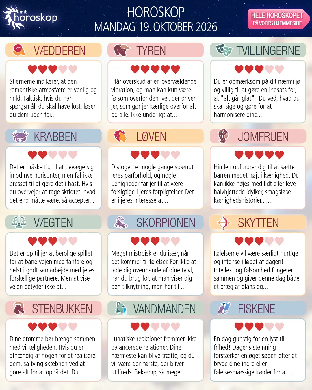 Horoskop for mandag 19. oktober 2026
